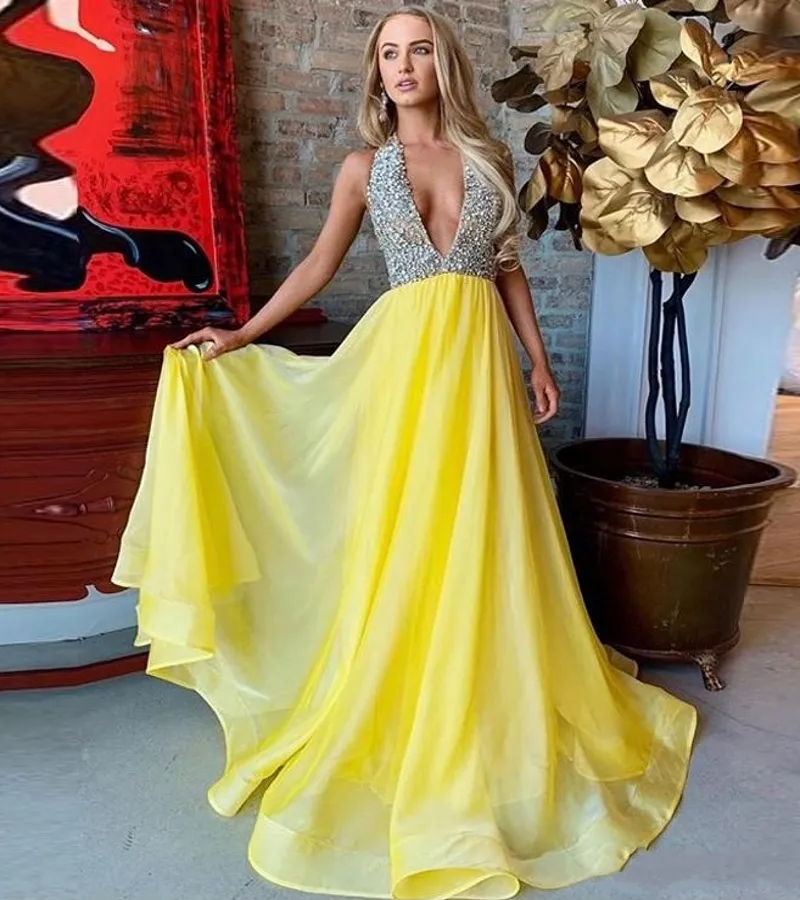 Abiti da ballo lunghi modesti con scollo all'americana giallo Illusione di cristallo Top abito da sera in chiffon Abito da cerimonia boutique senza spalline taglie forti