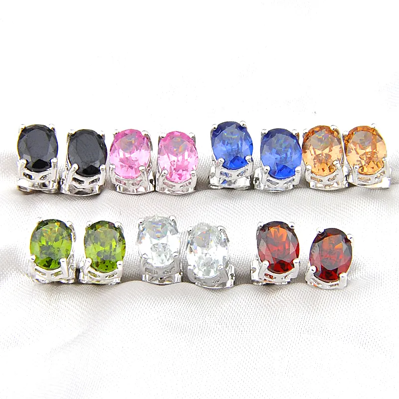 Luckyshine Unisex 12 Pairs Oval Shiny Crystal Rhinestone Gems 925 Sterling Silver Plated Stud Earrings Fashion Cz Zircon Stud Earrings Jewel