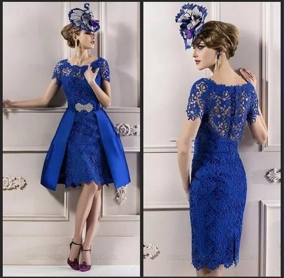 Royal Blue Lace Curto Mãe de vestidos de noiva 2020 Elegant Formal Vestidos joelho destacável vestido de casamento de trem partido do cliente