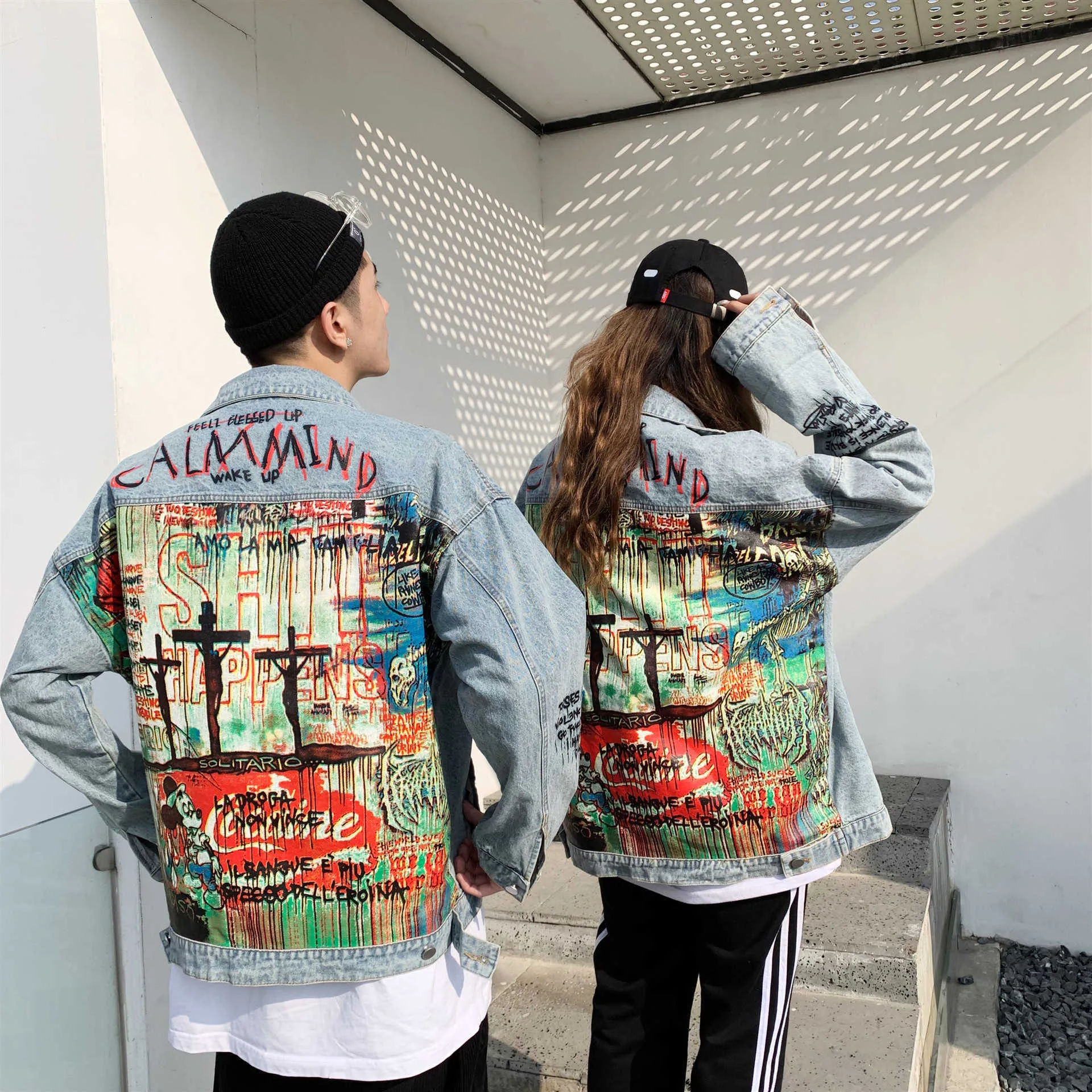 Fashion cartoon pattern printed long sleeve hooded denim panel jacket coat sales