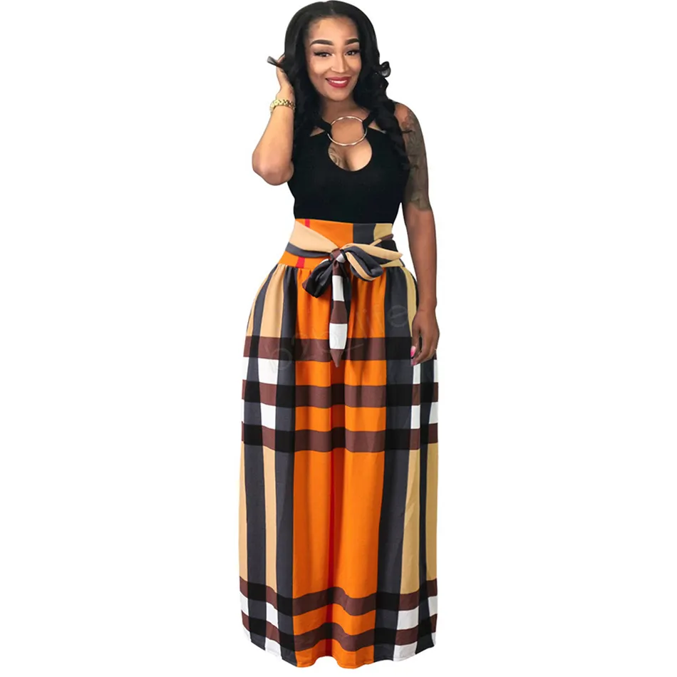 Moda-Women Boho Dashiki Dress Long Maxi Plised Spódnica Drukowanie Spódnica Bustowa Suknia Ball Maxi Plaid Spódnica Plus Rozmiar Ljja2888