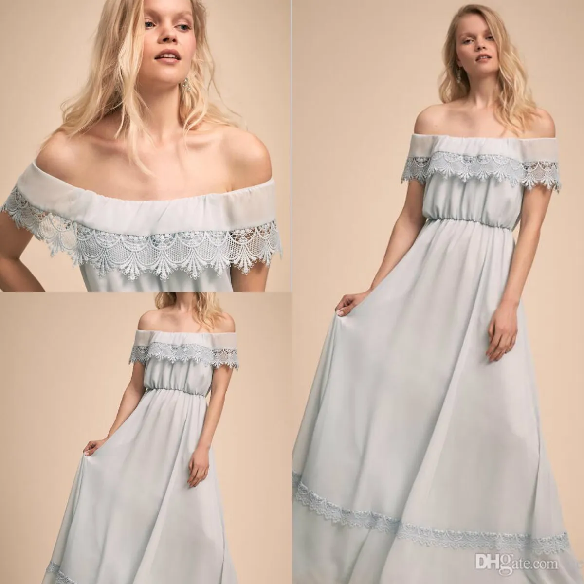 Bhldn Light Blue Sky Bruidsmeisjes Jurken Off The Shoulder Lace Maid of Honour Jurken Custom Made Chiffon Wedding Gast-jurk