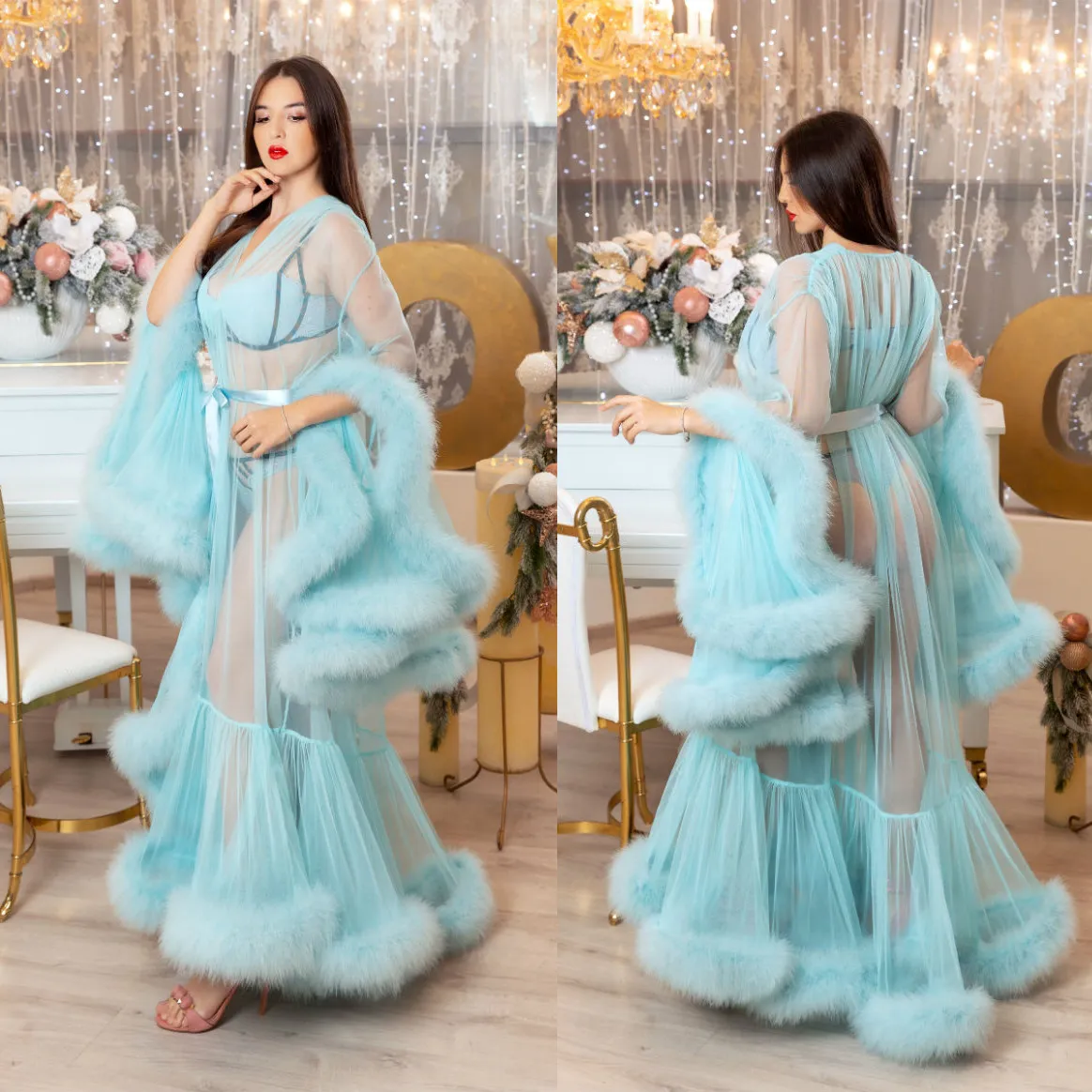 Custom Women's Faux Fur Trimmed Sheer Robe - Elegant Bridesmaid Sleepwear &  Sexy Nightgown in Various Colors