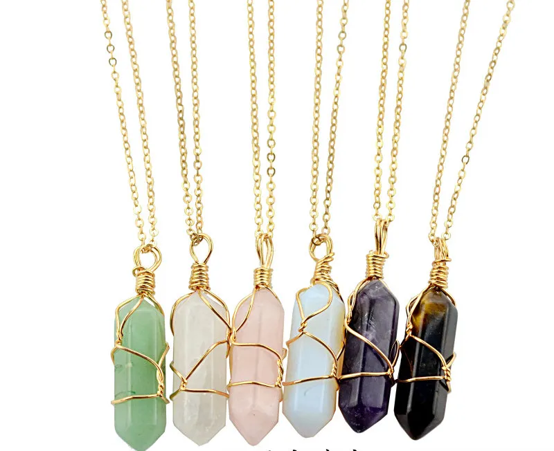 Sweater Chain European and American Hot Sale Natural Stone Pendant Hexagonal Column Crystal Winding Necklace Amazon Creative