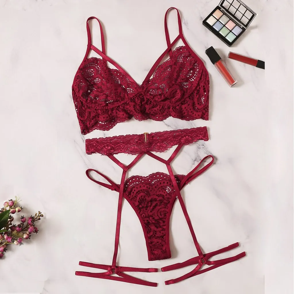 Sexy Lingerie Sutiã Set Mulheres Sexy Lace Vermelho Sling Bra Tanga Garter Jogo Set S-XL Sleepwear Lingerie Sets Lenceria