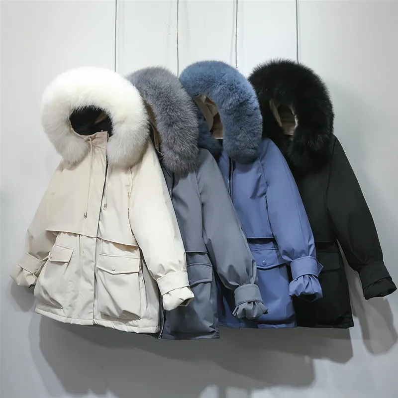 Зима Женщины вниз ветровки Real Natural Fox Fur с капюшоном вниз Тонкое пальто Parka Женских Толстым теплым белым утка вниз куртка