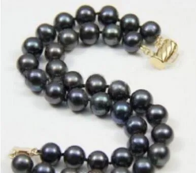 Huge 2 Rows 9-10MM Round South Sea Genuine Black Pearl Bracelet 7.5-8" Gold