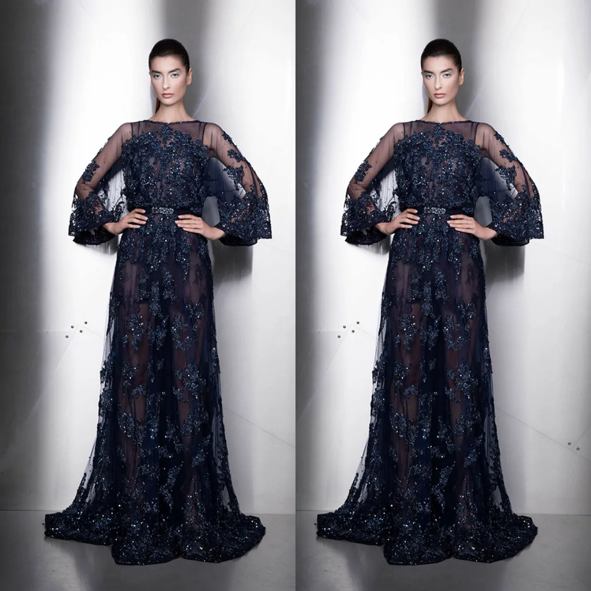 Ziad Nakad Abiti da sera Gioiello maniche lunghe Appliques in pizzo Paillettes Abiti da ballo Custom Made Sweep Train A Line Abito per occasioni speciali