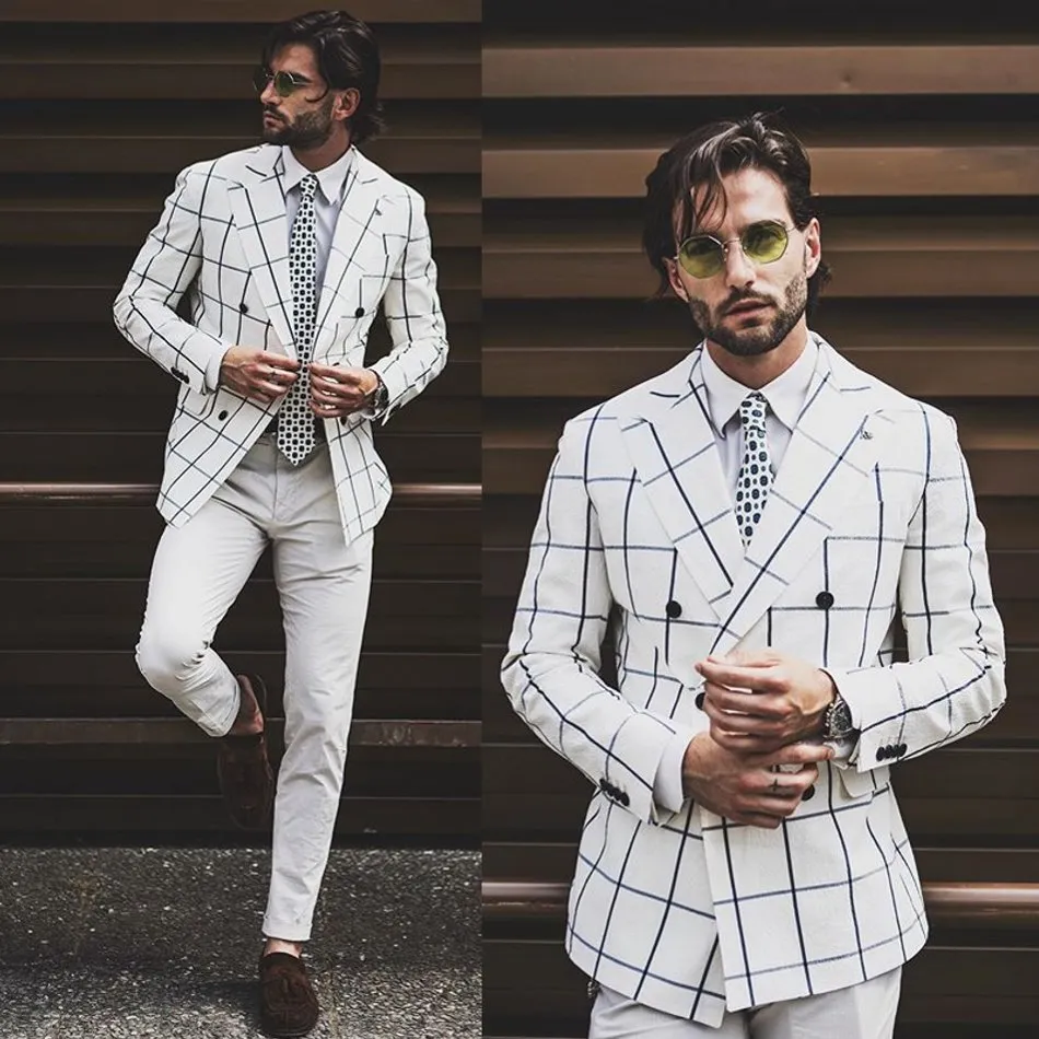 Smoking da sposa scozzese nero bianco con risvolto con risvolto slim fit doppio petto abbigliamento da sposo abito da uomo formale da ballo abito da uomo un pezzo