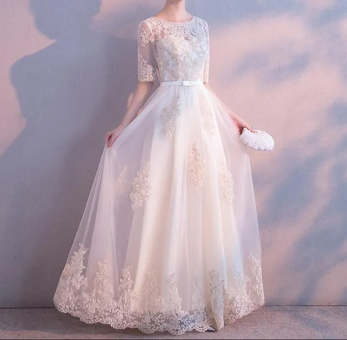 Stunning Half-Sleeved Light Champagne bride parents dress with Zipper Back - Floor Length Stunning Half-Sleeved Light Champagne bride parents dress with Zipper Back - Floor Length