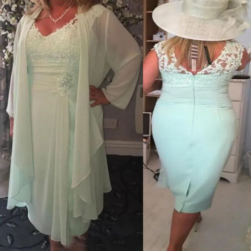 Plus Size Mother of the Bride Suits Mint Green V-Neck Lace Appliques Top Tea Length Wedding Party Guest Gowns with Long Sleeve Jacket