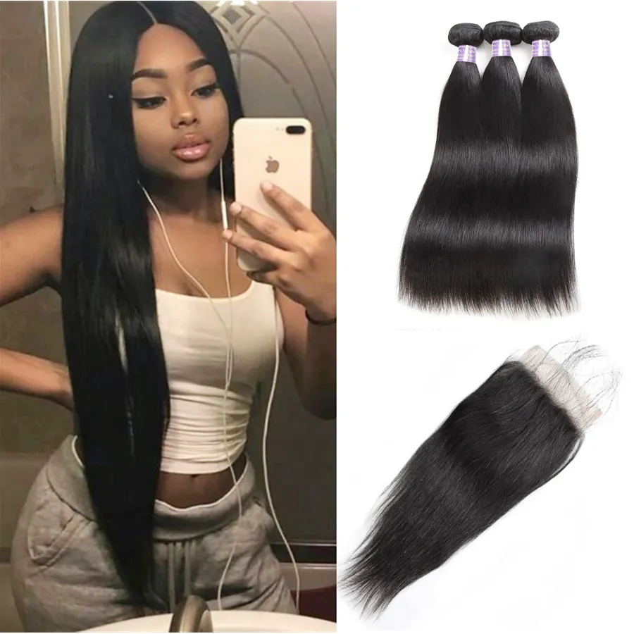 Bundles brasiliani diritti dei capelli umani con chiusura 4 * 4 onda d'acqua peruviana dei capelli profonda onda sciolta indiana estensioni dei capelli vergini ricci crespi