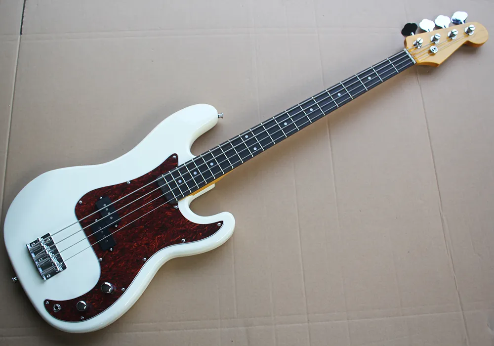 Factory Direct Sale 4 Strings White Electric Bass Gitara z 2 Pickups, Red Pearled Pickguard, Roodewod Fingerboard,