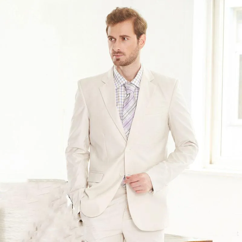 結婚式のスーツのビジネスブレザースリムフィットのためのベージュの男性のスーツフォーマルな花婿の新郎はプロム・タキシードの習慣を作った高品質のジャケット+ズボン