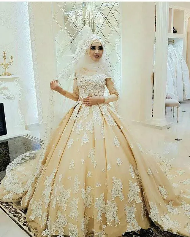 2019 novas mangas compridas vestidos de noiva muçulmanos pescoço laço applique cetim barato vestidos de casamento varrer trem plus size país vestido nupcial