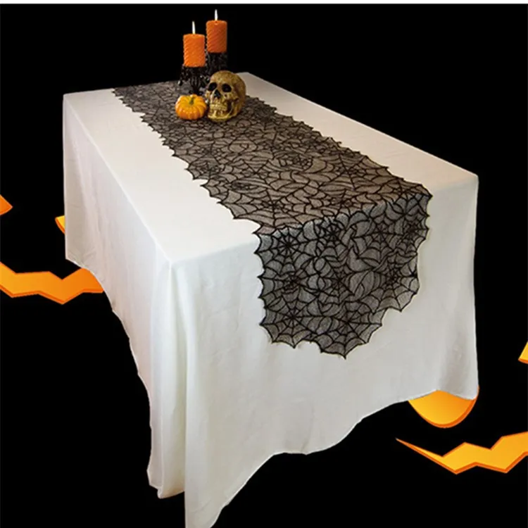 hot Halloween Decoration Black Lace Spider Web Tablecloth Fireplace Scarf Creative Table Runner Cover Party Table ClothsT2I5452