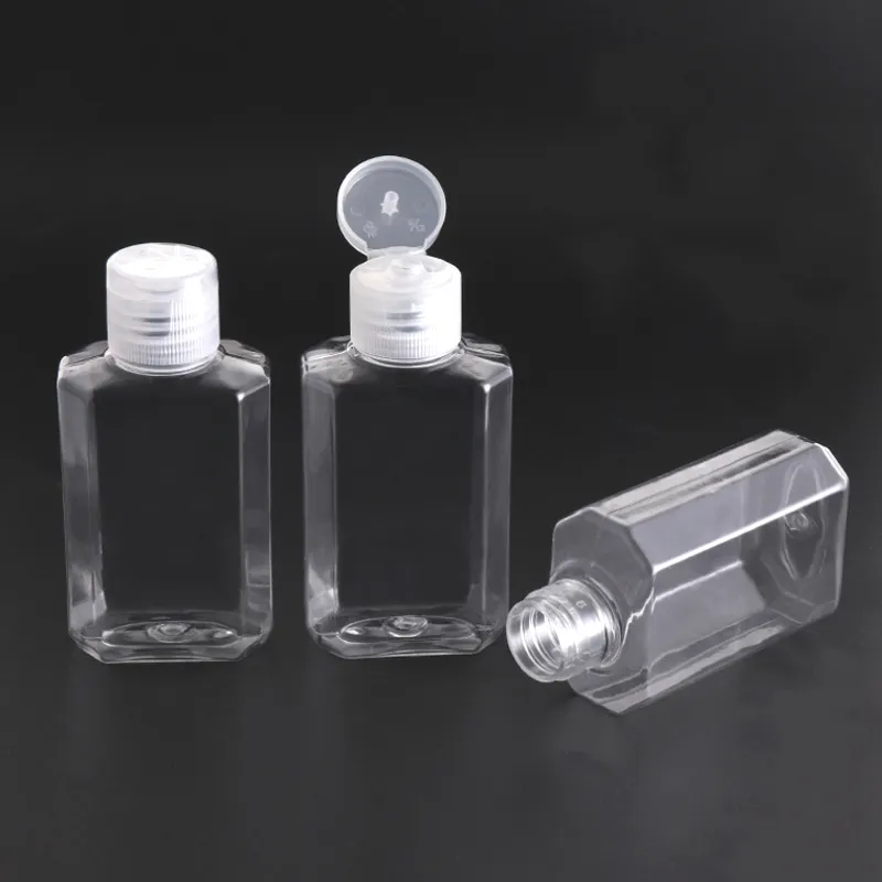 Bouteille rechargeable d'alcool vide de 60 ML facile à transporter bouteilles de désinfectant pour les mains en plastique PET transparent clair pour jus E liquide