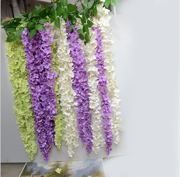 Konstgjord Hydrangea Flower Vine 14 Färger DIY Simulering Wedding Arch Door Home Wall Hängande Wisteria För Bröllop Garden Decoration