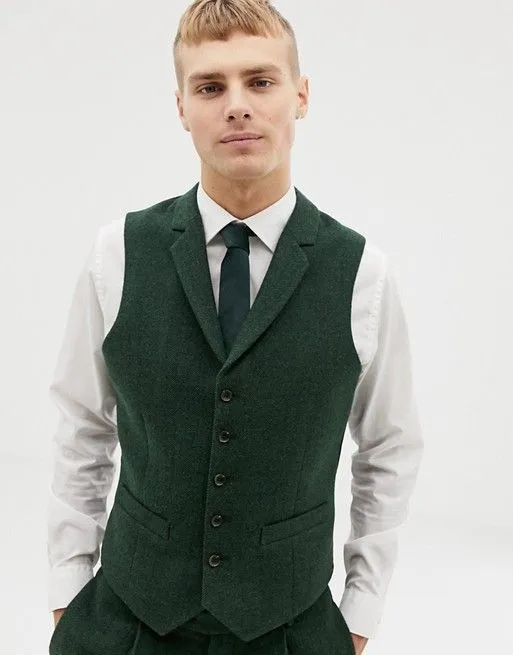 Green Groom Vests 2019 Vintage Tweed Single breasted Herringbone Pockets Men's Suit Vests Slim Fit Men's Dress Vests Wedding Waistcoat