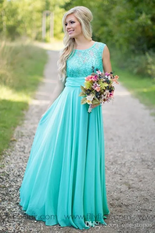 2019 New Teal Country Bridesmaid Dresses Scoop a Line Chiffon Lace v Backless Long Cheap Bridesmaidsドレス