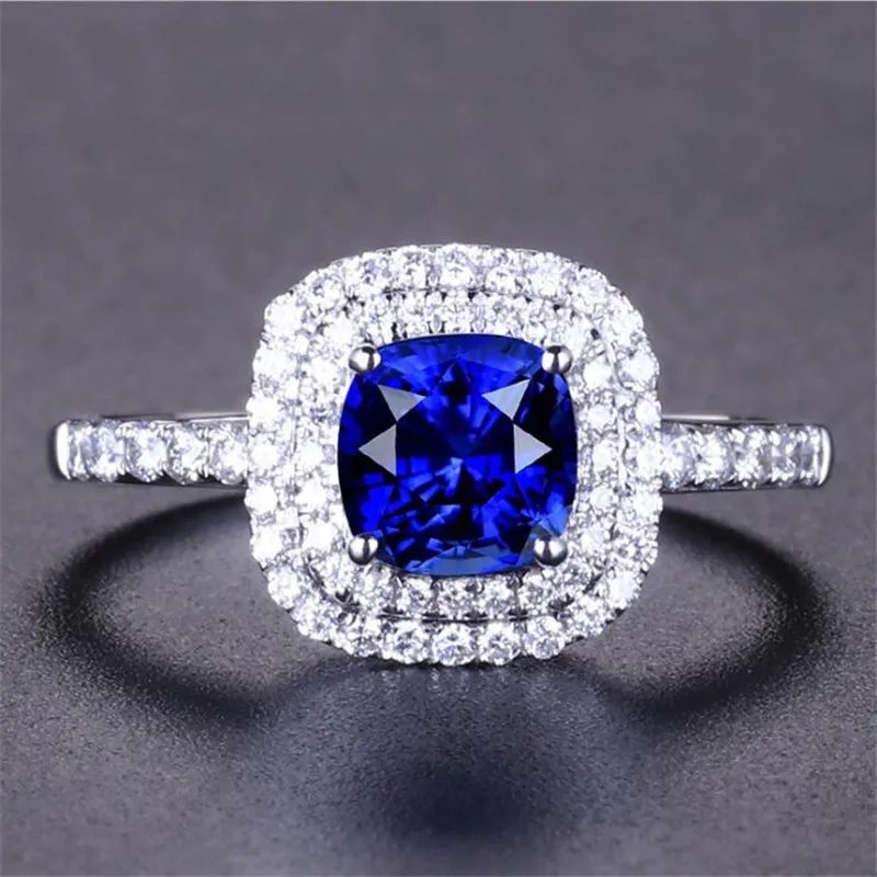 Blue Sapphire Silver Rings: Cushion Cut Simulated Sapphire CZ