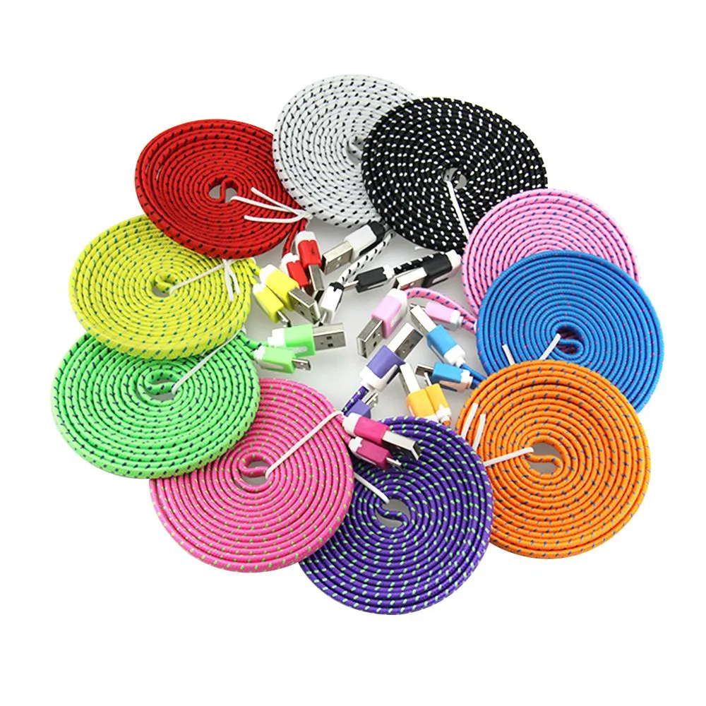 Noodle Flat Braid Laddningskablar 10FT 6ft 3FT Cord Sync Tyg TYPE-C Micro Wire USB Datakabellinje Samsung S8 S7 HUAWEI