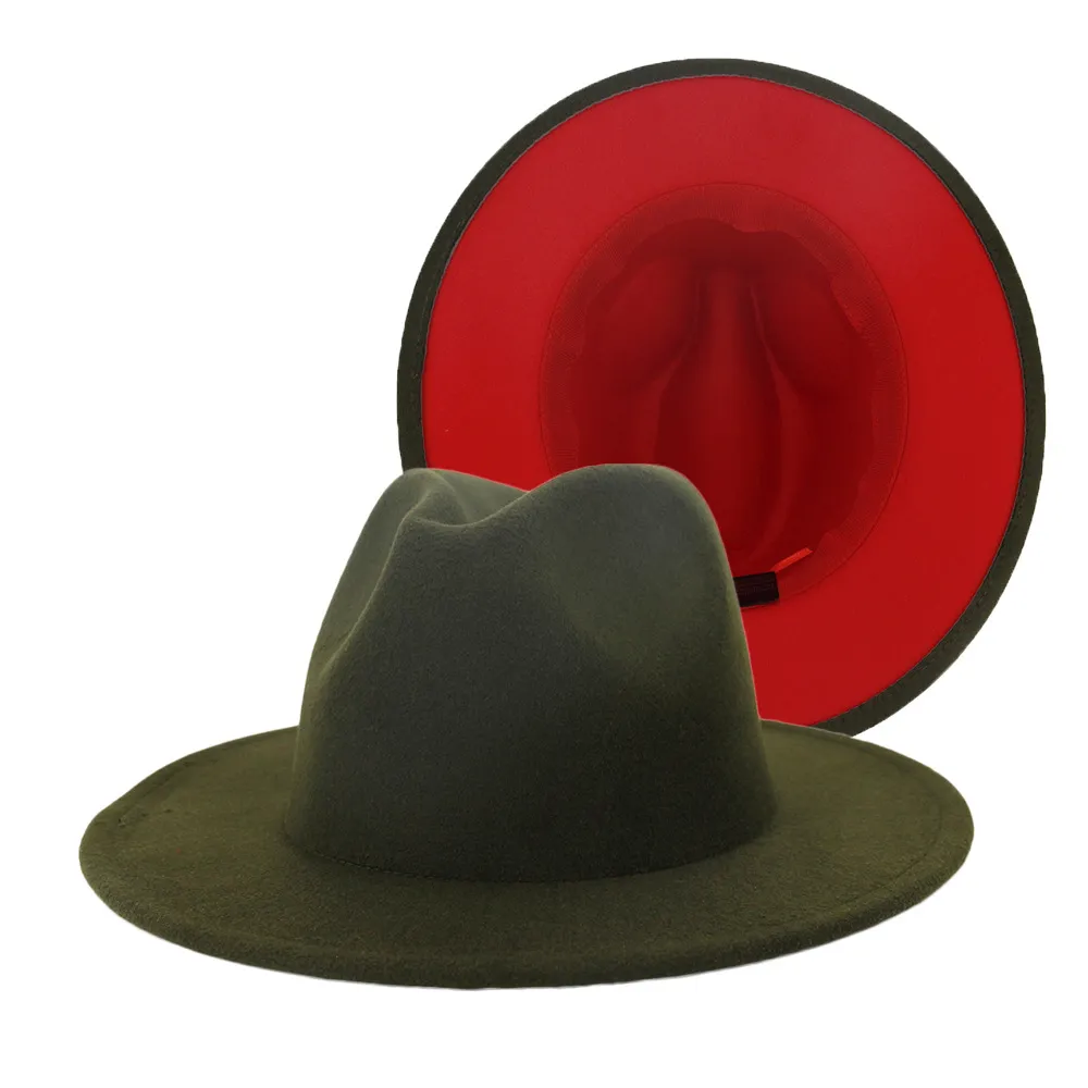 Nuevo exterior verde militar interior rojo Patchwork mezcla de lana Vintage hombres mujeres Fedora sombreros Trilby Floppy Jazz cinturón hebilla fieltro sombrero para el sol