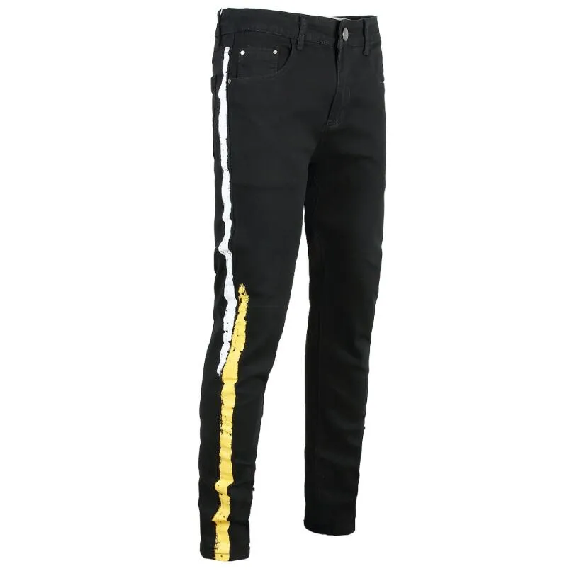 Mens Skinny Designer Jean Black Side Stripe Biker Jeans Slim Elastic Hip Hop Pants Free Shipping