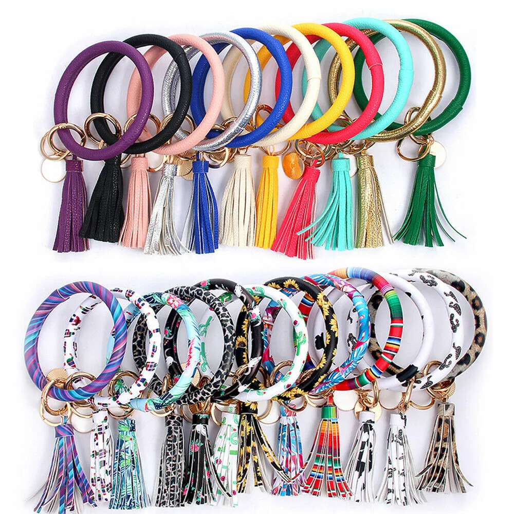 46styles läderarmband nyckelkedja PU-försändelse Rund Key Ring Tassel Pendant Leopard Bufflao Armband Keychain Armband Key Rings LJJA3022