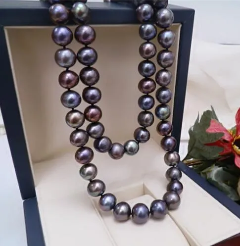 18 inches lovely 9-10mm natural tahitian black pearl necklace 18nch 925 silver