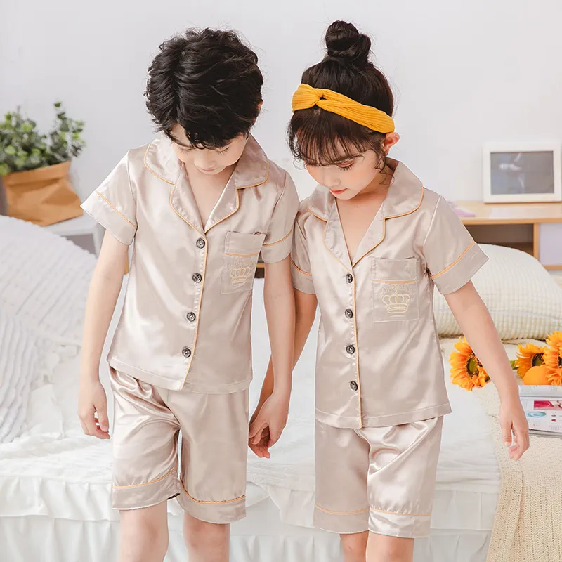 Summer Girls Boys Simulated Silk Two Piece Pajamas Set Short