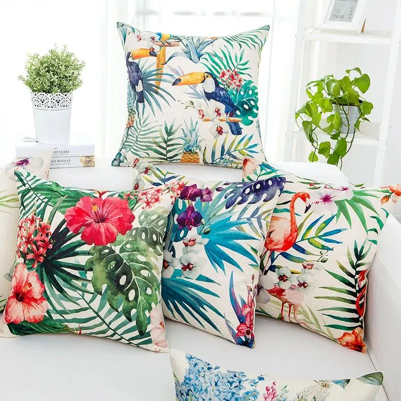 Federa per cuscino decorativa per divano di casa Fodere per cuscino per la casa 45x45cm Stampa su un lato personalizzabile Fiore tropicale Lino fenicottero DH0568
