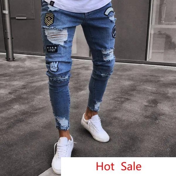 Mannen hete gescheurde jeans knie gaten gedrapeerd lange potlood broek ritsen ontwerp mannelijke lange broek