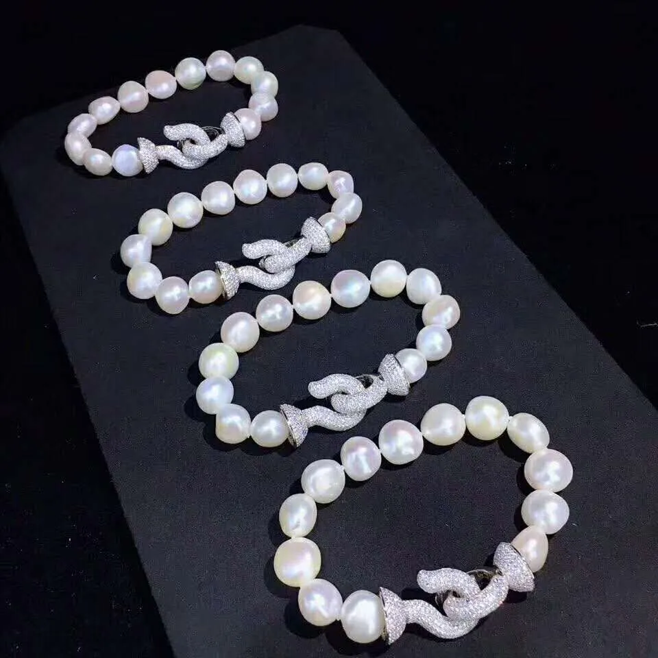 Handgjorda mikroinläggningar zirkonklås naturlig 10-11mm vit barock sötvatten pärlarmband lång 20 cm