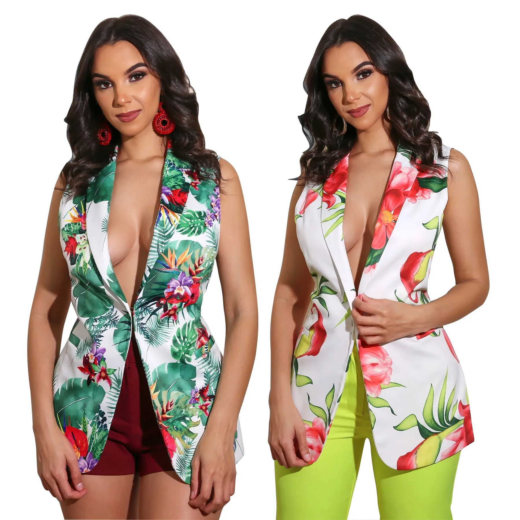 여름 2020 간단한 여성 사무실 숙녀 패션 슬림 V 넥 싱글 브레스트 재킷 민소매 인쇄 블레이저