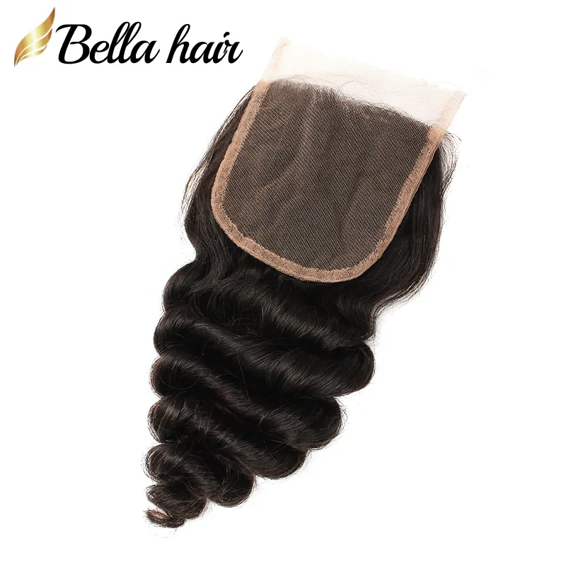 Bella Hair, locker gewellt, 4 x 4-Spitzenverschluss, 100 % unverarbeitetes menschliches Jungfrau-Haar, vorgezupft, lockere, tiefe Wellen, vorgezupfter Haaransatz, Frontalverschluss, natürliches Schwarz mit Babyhaar