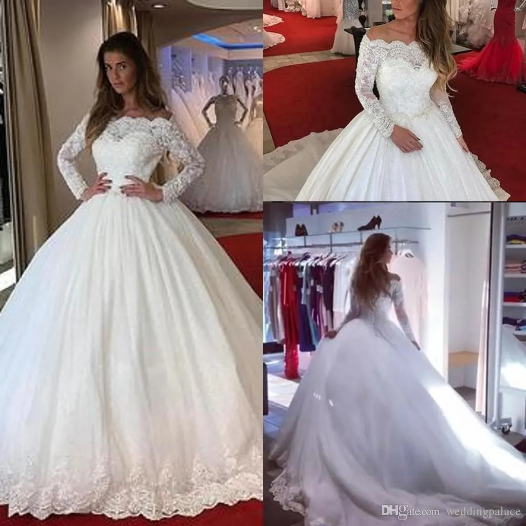 Abiti da sposa eleganti a linea A Applicazioni in pizzo Maniche lunghe Spalle scoperte Lavaggio Abiti da ballo in tulle a sezione lunga Gonne a strati Abiti da sposa