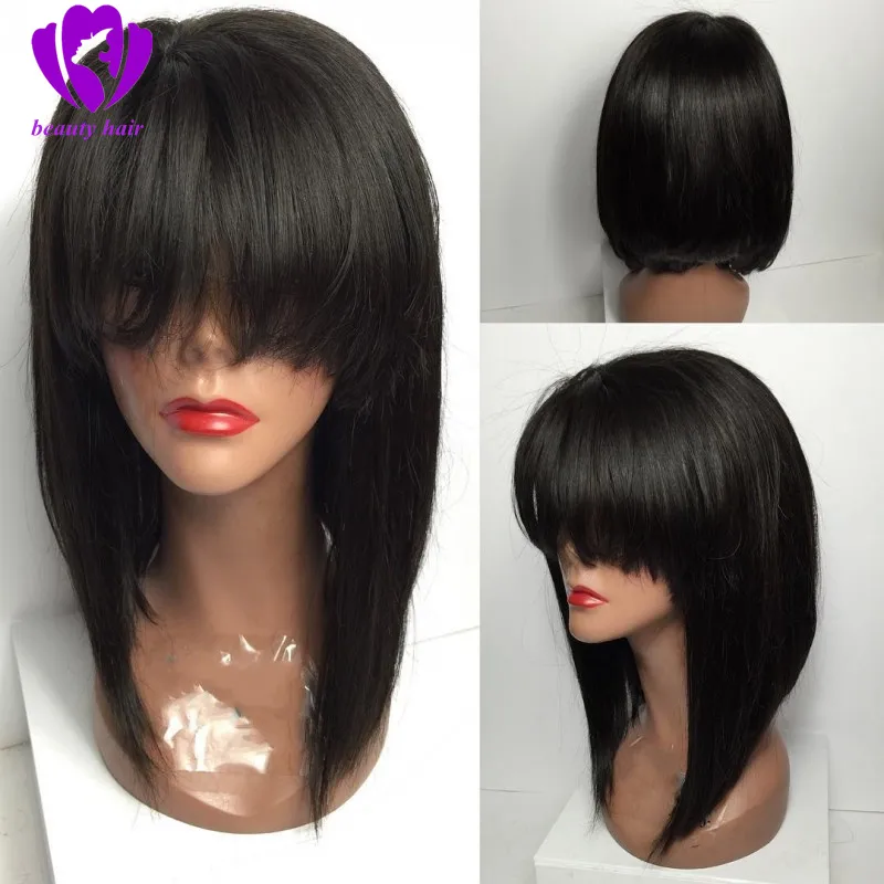 Peruca de cabelo humano de simulação frontal de renda sintética Brazil Brazil Brazilian Hair Straight Wig com Bangs 8 "-26" Preplucked 150% Density