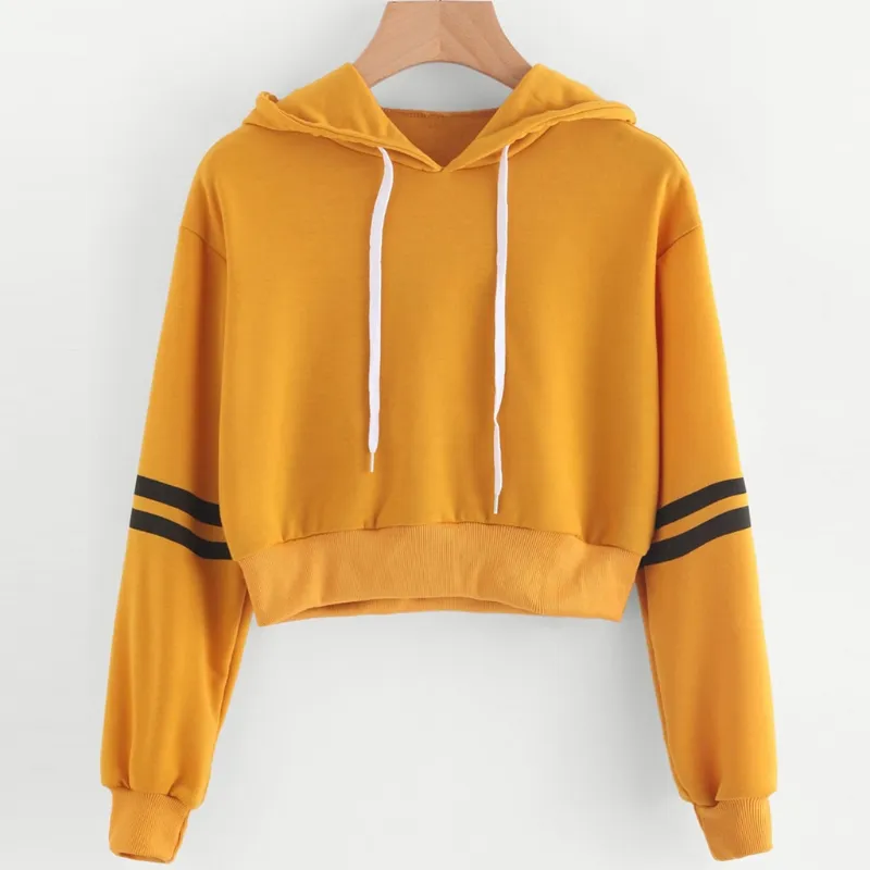 Klv moda şık kadın kızlar uzun kollu mahsul üst hoodies sweatshirt çizgili rahat kazak yumuşak sarı yeni