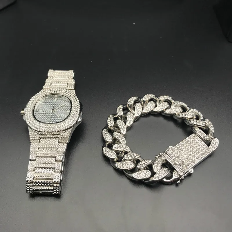 Hip Hop Mens Horloges + Armbanden Set Mode Diamant Iced Out Out Cubaanse Ketting Gouden Zilveren Horloge Set Met Box 2019