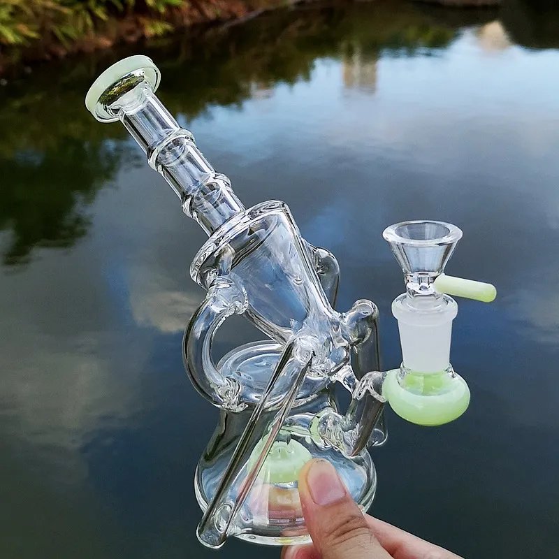 7インチの緑の紫色のリサイクル船Bongs Hookahs Sidecarの水道管のシャワーヘッドPercパーコレーターオイルDABリグ14mmの関節がある