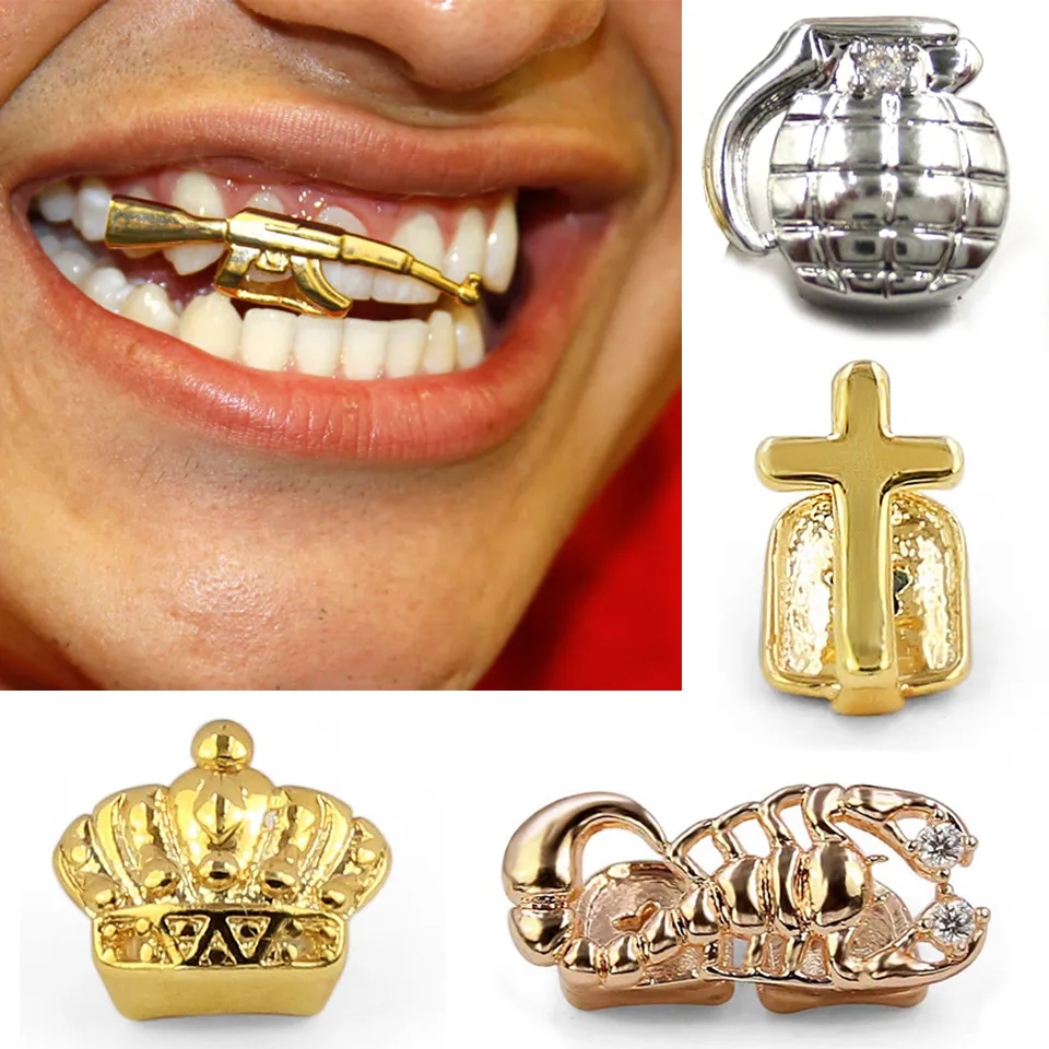 New Fashion Gold Denti Brace Hip Hop Denti singoli Grillz Crown Cross Gun Bocca dentale Fang Grills Tooth Cap Cosplay Party Rapper Jewelry