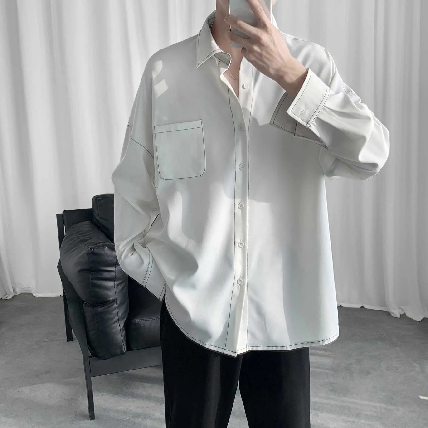 Men s Casual Shirts Black White Long Sleeve Shirt Men Oversized Fashion Korean Ulzzang Solid Streetwear Wear Stylish Mens 50CS