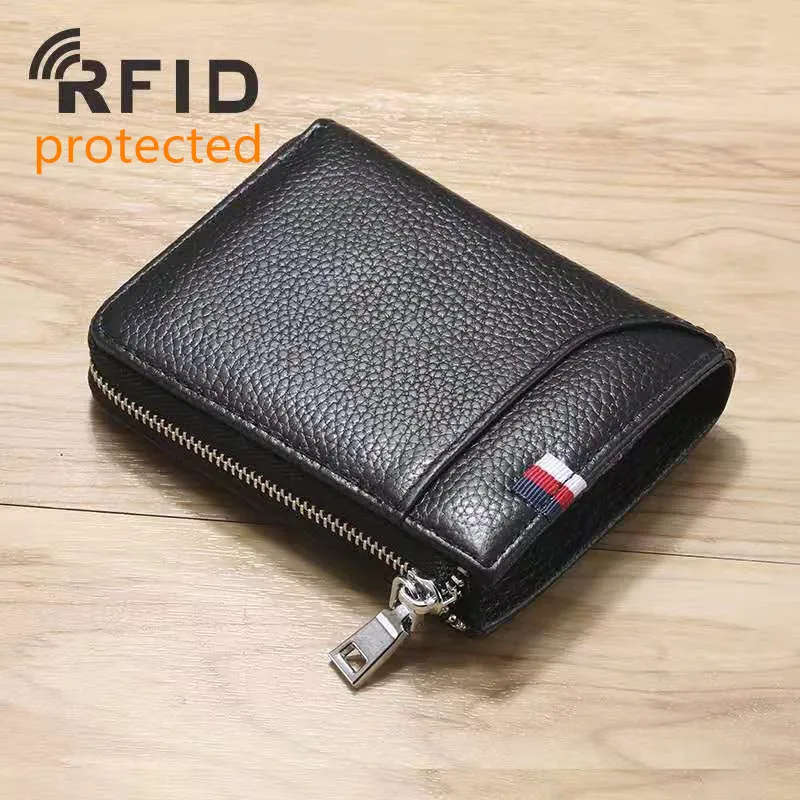 RFID محمية من الجلد الأصلي رجالي سحاب محفظة ذكر الذكور أزياء البقرة جلد عملة صفر المحافظ الأسود/لون القهوة no1156