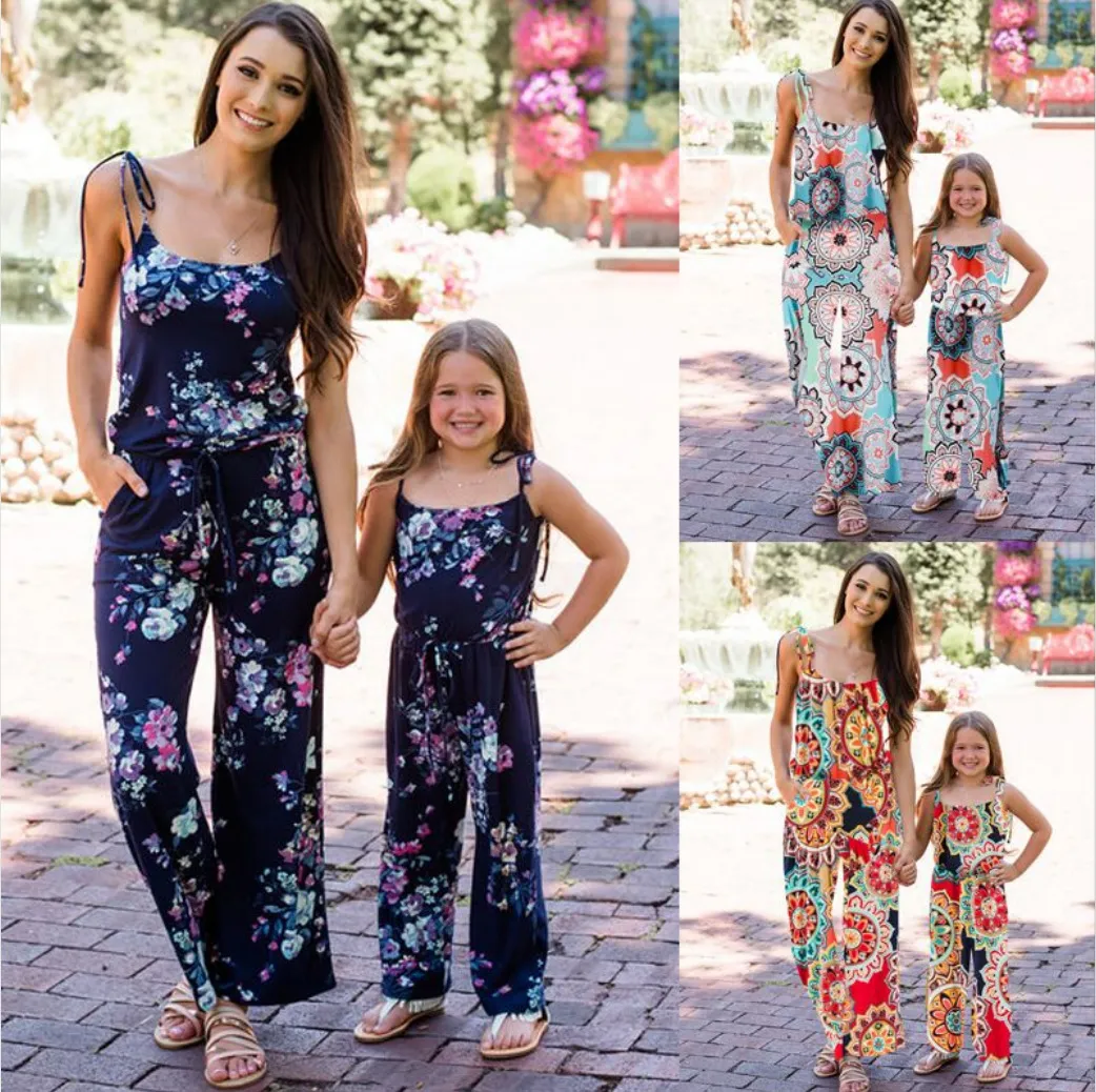 New Mother and Daughter Family Matching Jumpsuits Ruffled Belt Lace Up Flower Romper Outfits Mom Girls Parent-child Rompers