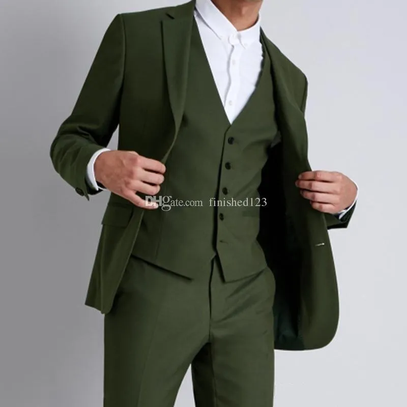 Hoge Kwaliteit Twee Knoppen Olive Green Groom Tuxedos Notch Revers Mannen Past 3 Stuks Bruiloft / Prom / Diner Blazer (Jack + Pants + Vest + Tie) W510
