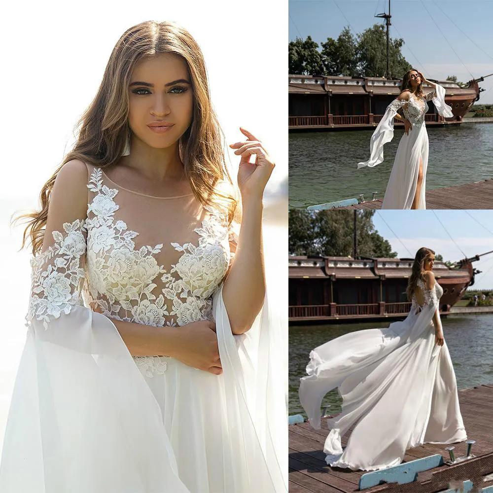 Beach Wedding Dresses Sheer Jewel Neck Lace Appliques Long Sleeve Bridal Gowns Girls Backless Sweep Train Side Split Wedding Dress