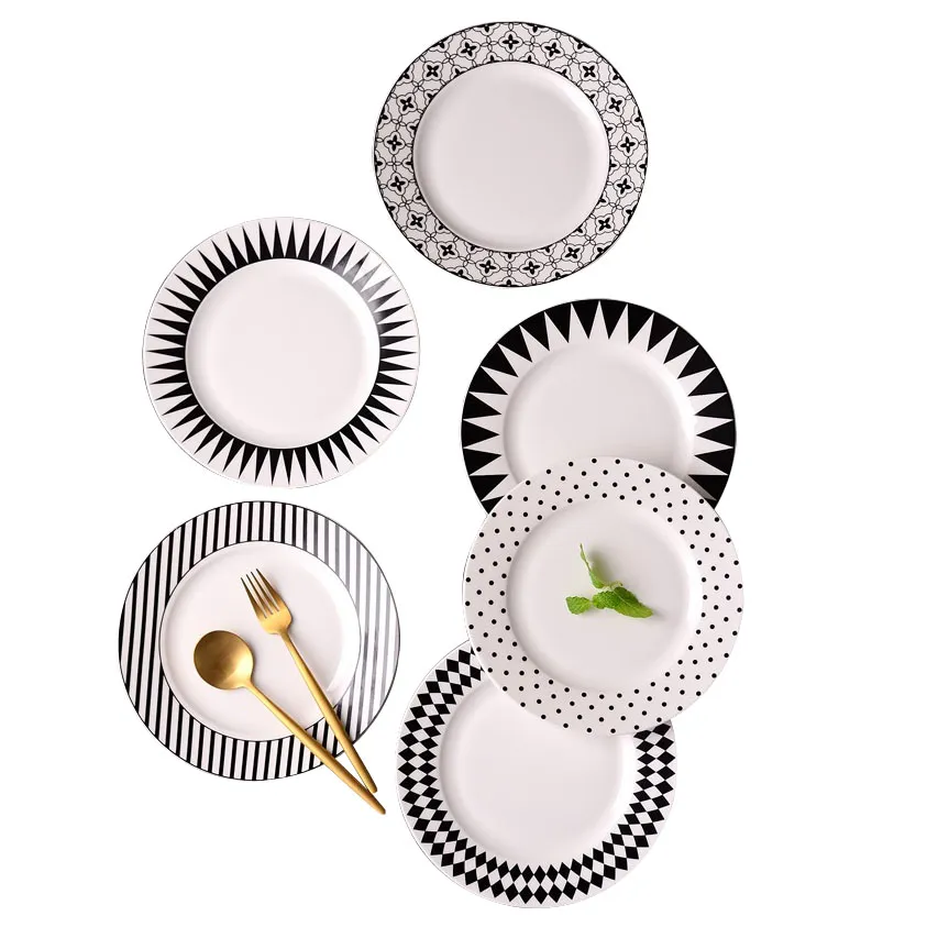 Assiettes à dîner en porcelaine géométriques noires et blanches Assiette ronde en céramique de 8 pouces pour dessert gâteau petit déjeuner steak rayures point courbe 7 motif