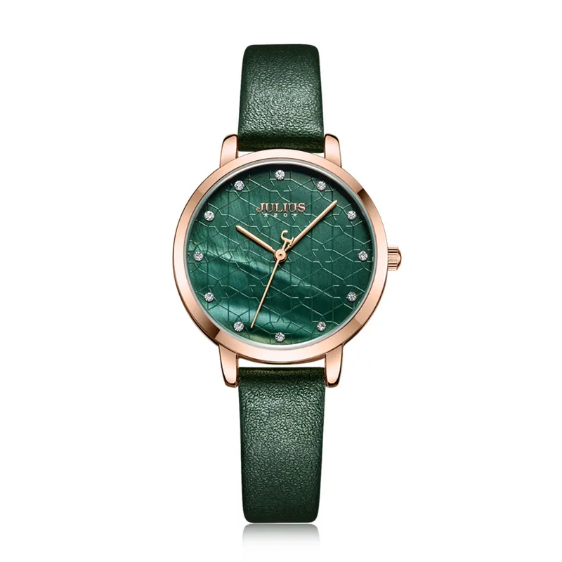 Julius Watch Green Women Leather Fashion Stylish Quartz Armbandsur RoseGold Rostfritt stål Bakväska JA-1178