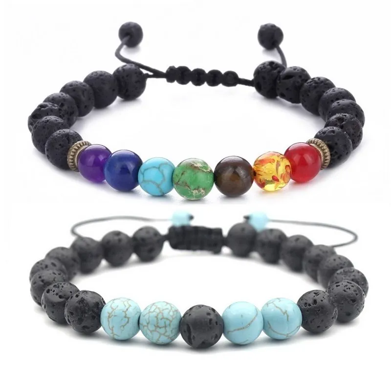 Kittenup Men Women 8mm Lava Rock 7 Chakra Beads Bracelet Braided Rope Diffuser Bracelet Bangle Natural Stone Fashion Jewelry